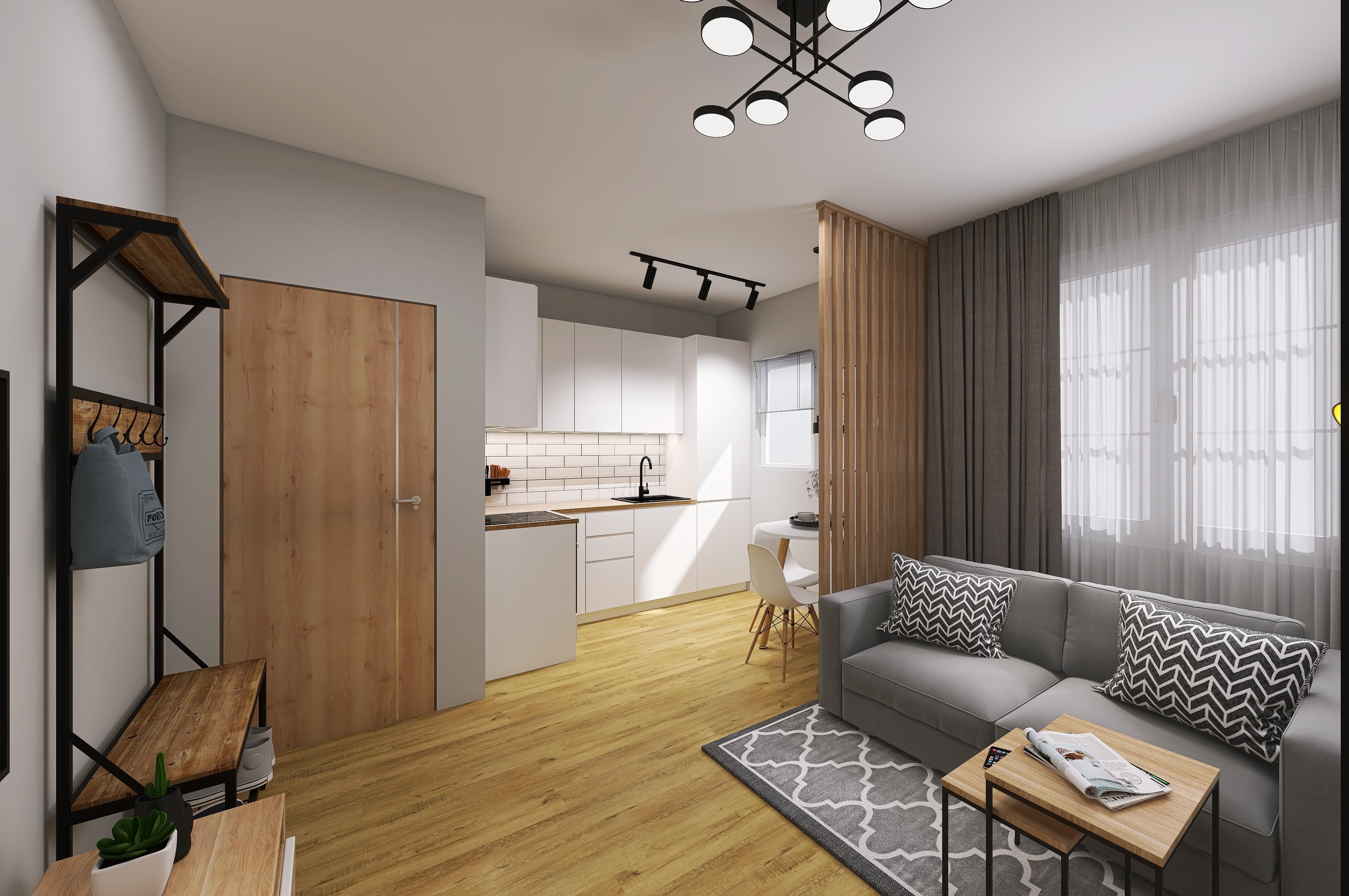 Wizualizacja jasnego wnętrza salonu